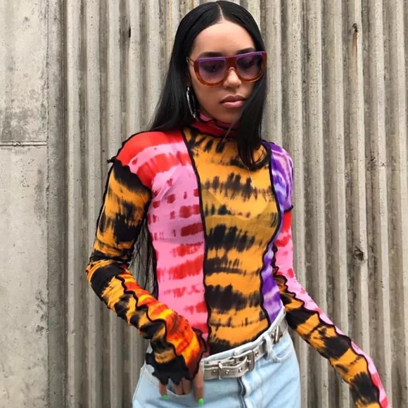 cult gaia Tops - Tie Dye Colorful Long Sleeve Mesh Top